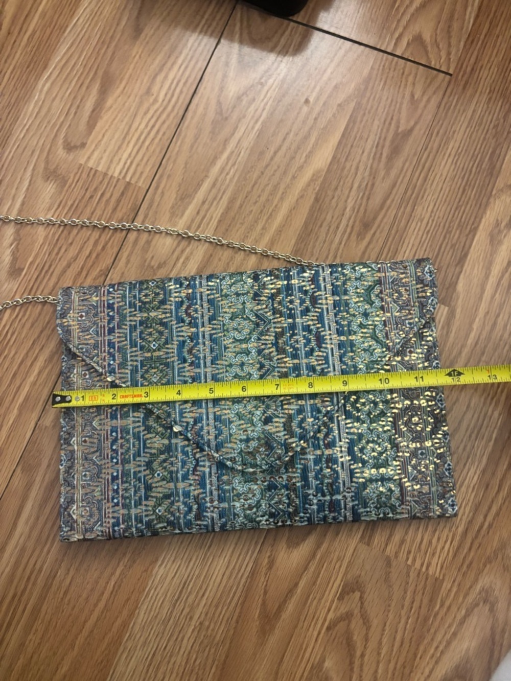 Metallic Blue Patterned Envelope Clutch with Gold Chain - Picture 3 of 7